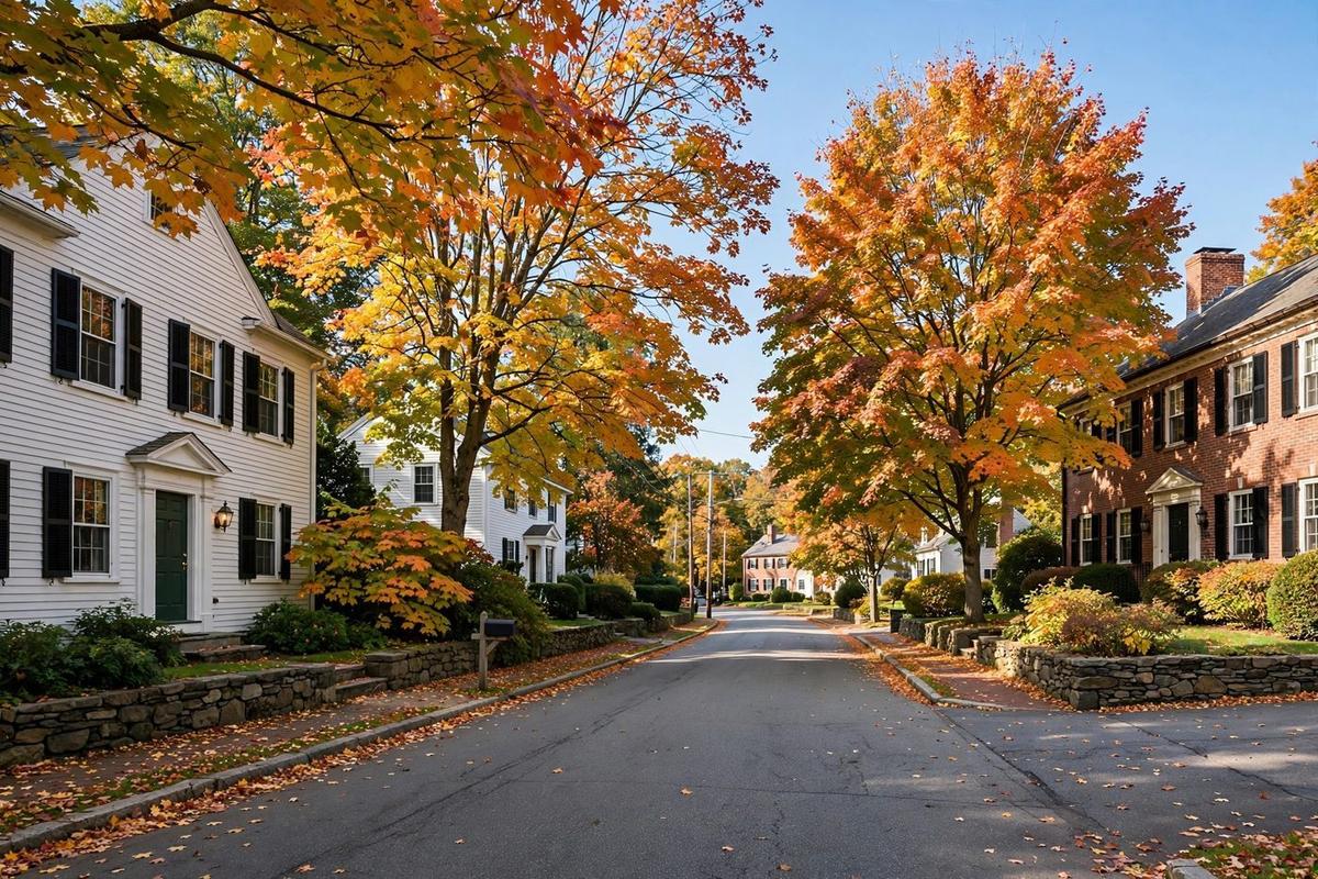 Historic residential street in Lexington, Massachusetts with brick Colonial homes, stone walls and mature maple trees.