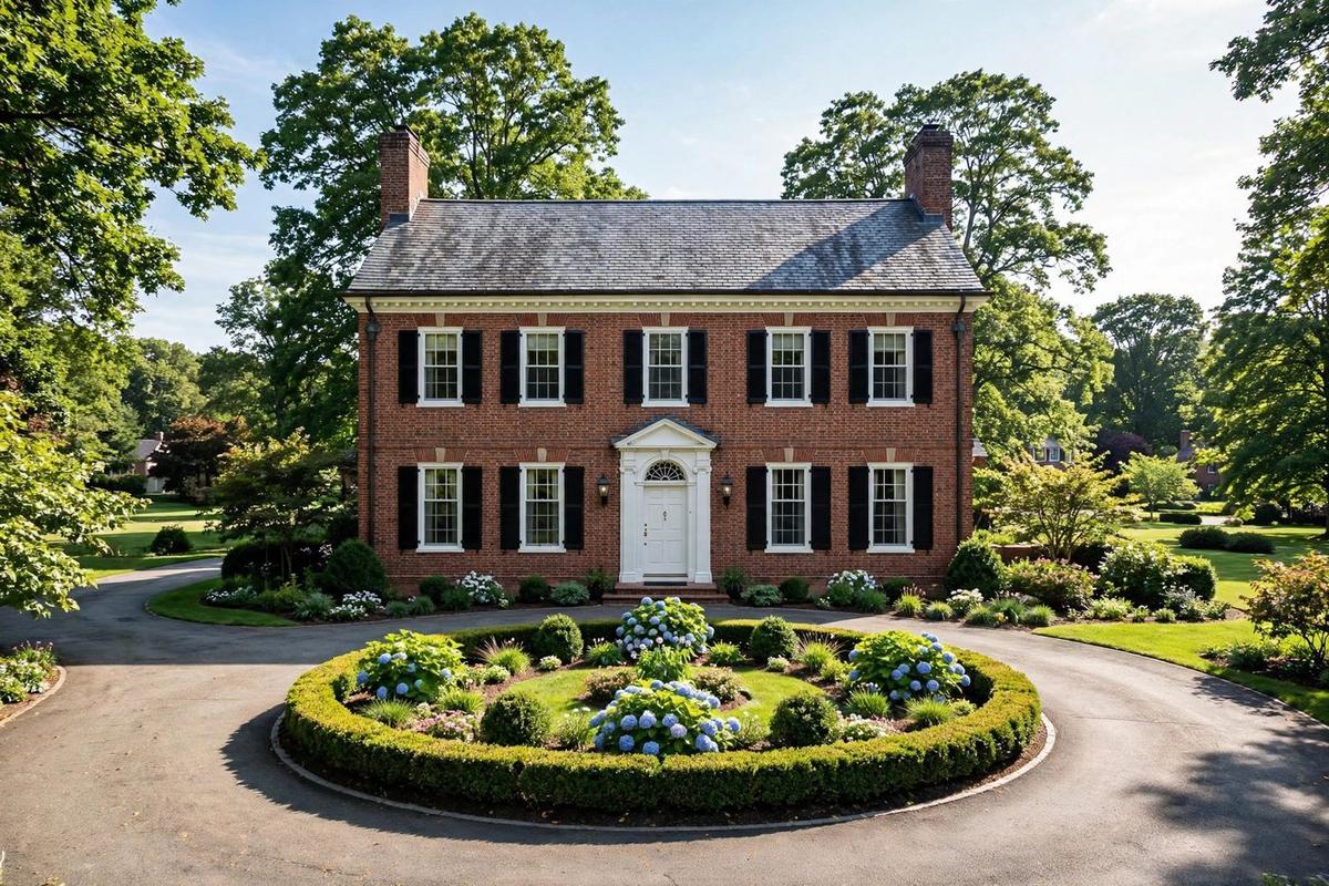 Upscale Colonial estate home in Wellesley Hills, Massachusetts with symmetrical brick facade, slate roof and circular driveway.