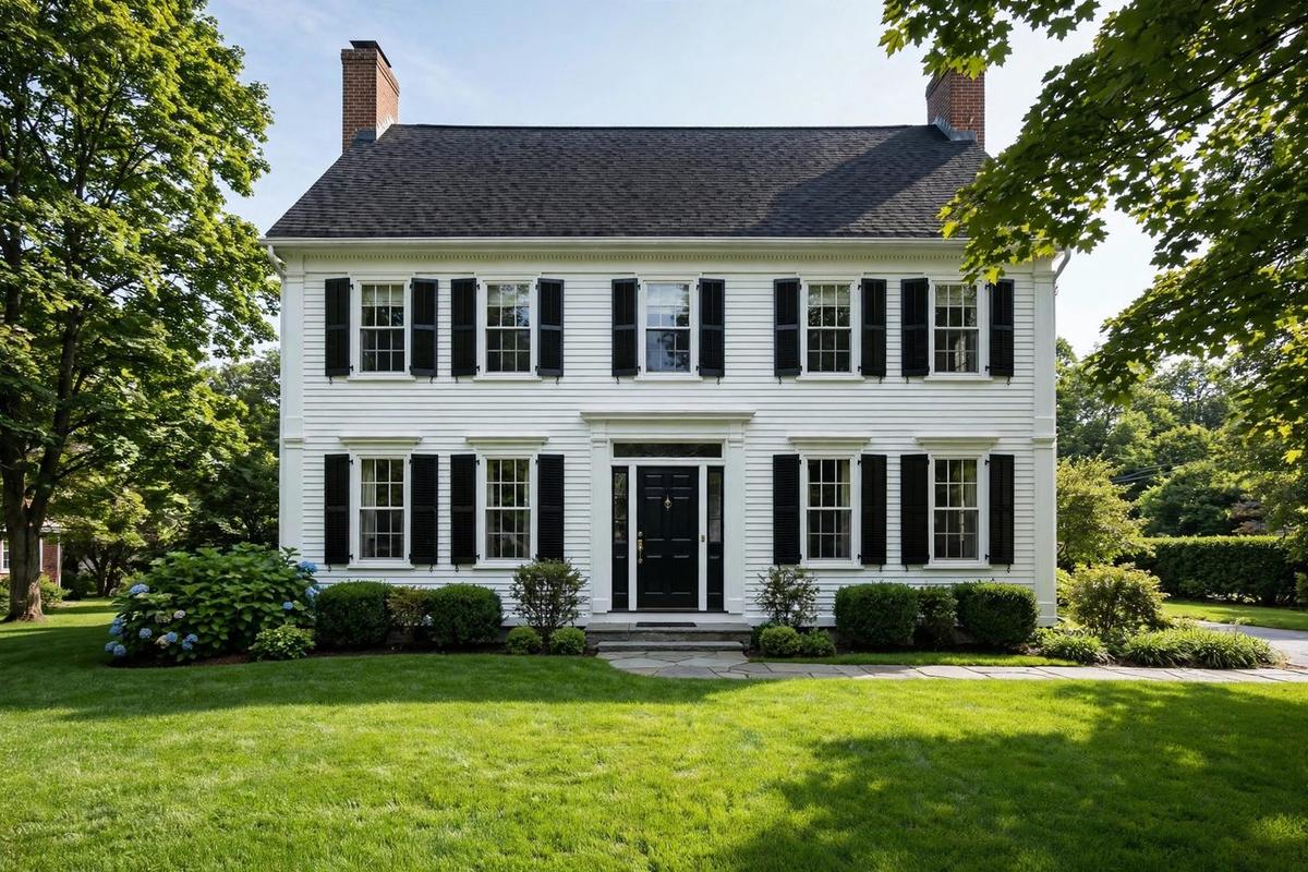 Upscale shingle-style Colonial home in Wellesley, Massachusetts with gambrel roof, covered porch and manicured lawn.