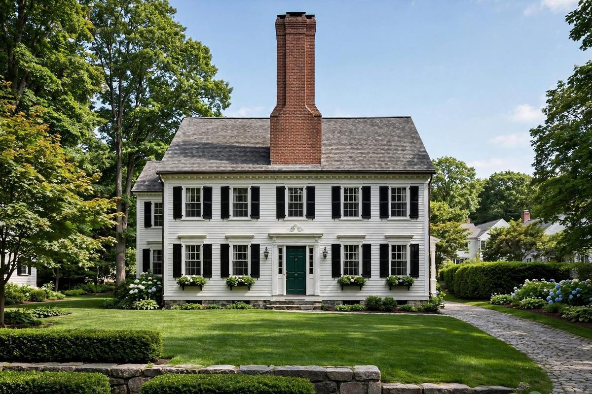 Upscale New England Colonial home in Needham, Massachusetts with center chimney and manicured lawn.