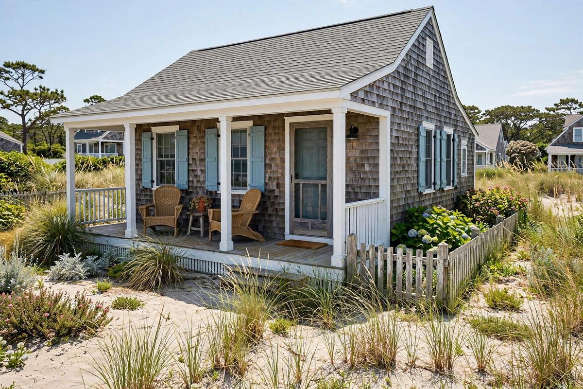 Upscale beach home in Ocean City, New Jersey with white siding, coastal trim and rooftop deck.