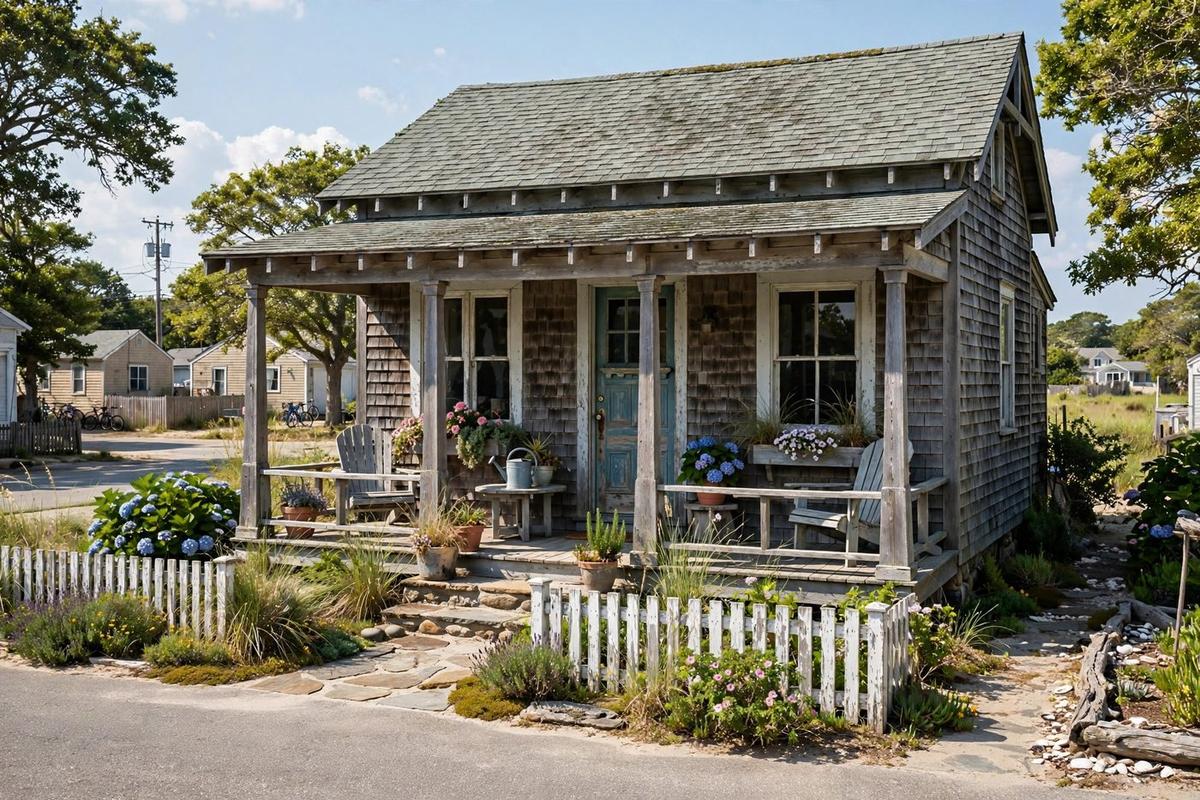 Upscale white-clapboard beach cottage in Point Pleasant Beach, New Jersey with front porch and coastal landscaping.
