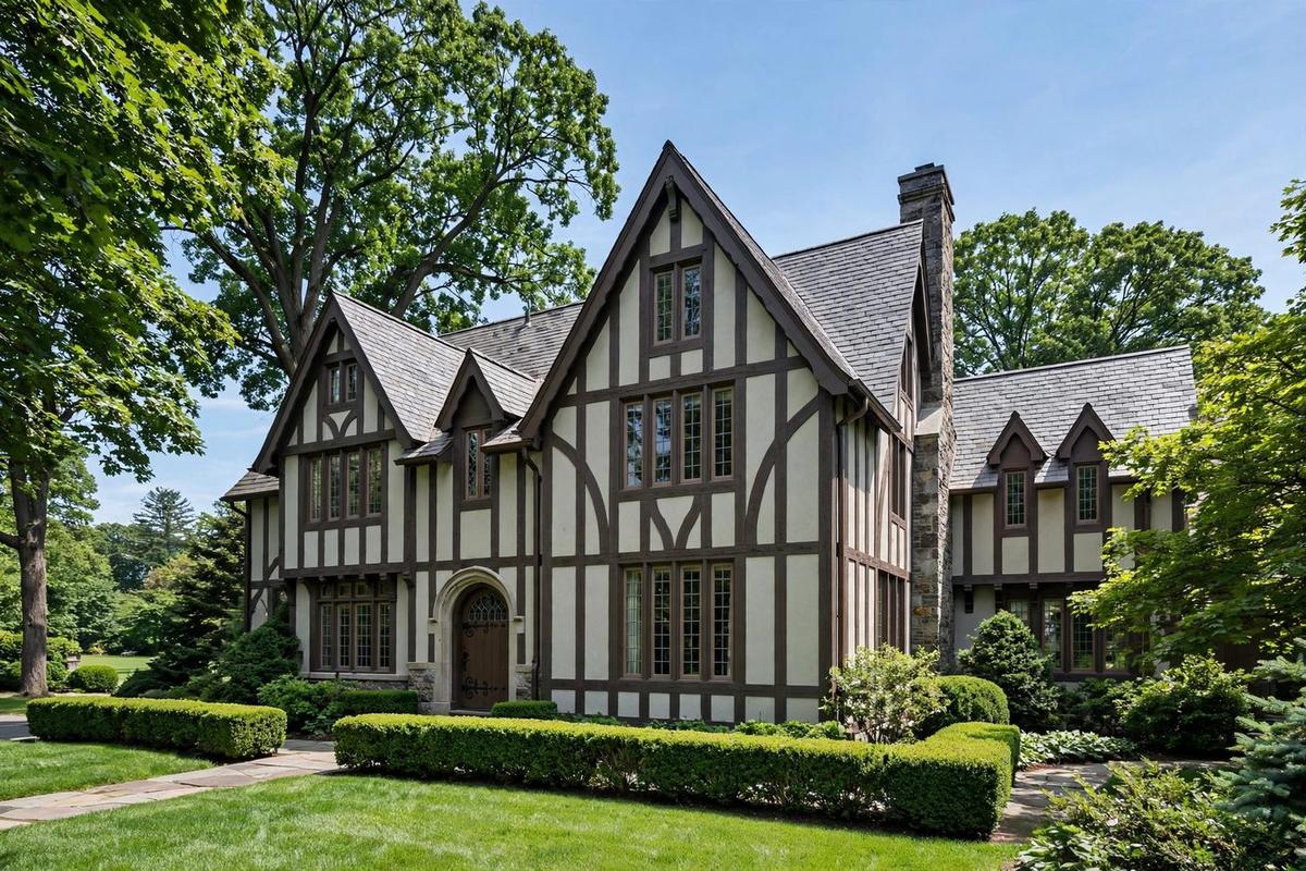 Upscale brick Tudor home in Scarsdale, New York, Westchester County, with steep gables and arched windows.