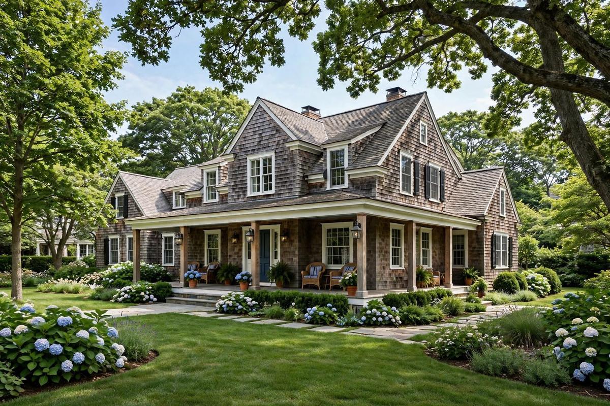 Exterior of an upscale cedar-shingle Hamptons coastal home in Sag Harbor, New York with a manicured lawn on a clear day.