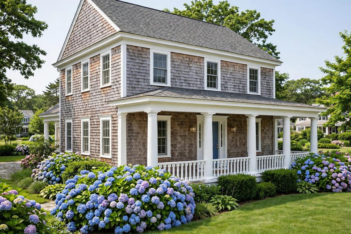 Exterior of an upscale cedar-shingle coastal cottage home in Westhampton Beach, New York with a manicured lawn on a clear day.