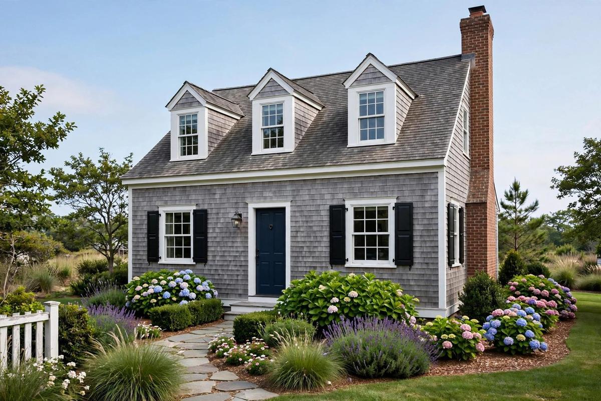 Exterior of an upscale coastal shingle cottage home in Selbyville, Delaware with a manicured lawn on a clear day.