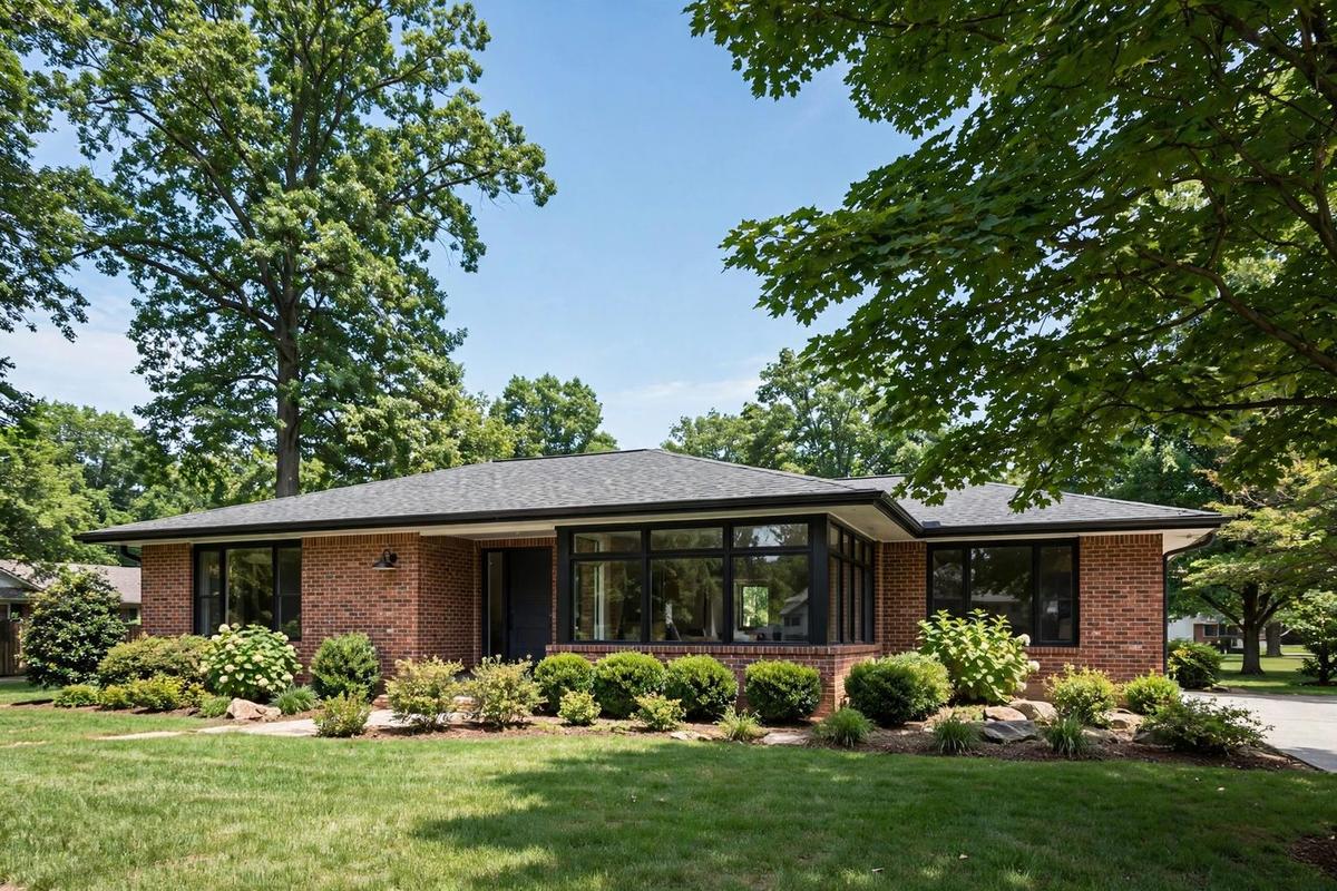 Exterior of an upscale brick colonial and Cape Cod home in Arlington, Virginia with a manicured lawn on a clear day.