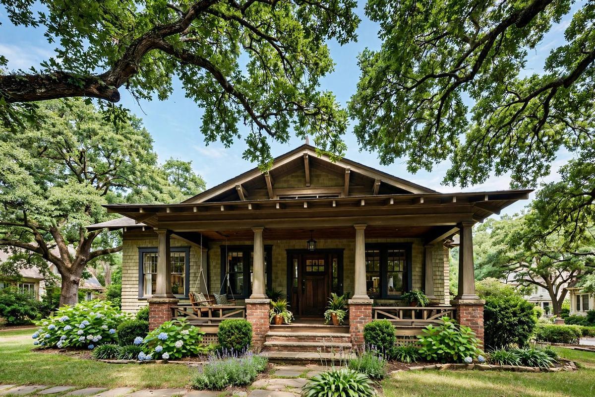 Exterior of an upscale historic bungalow craftsman home in Raleigh, North Carolina with a manicured lawn on a clear day.