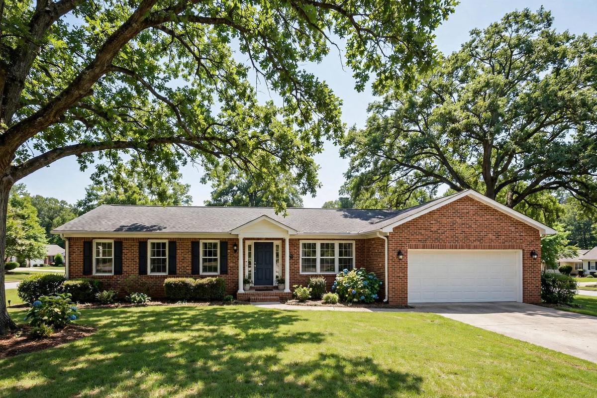 Exterior of an upscale lakeside traditional craftsman home in Cornelius, North Carolina with a manicured lawn on a clear day.