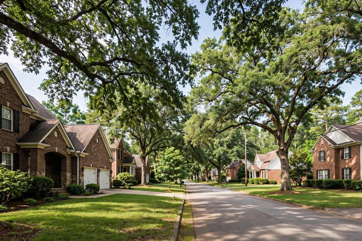 Upscale residential street in Matthews, North Carolina with craftsman suburban homes and mature landscaping under a clear daytime sky.
