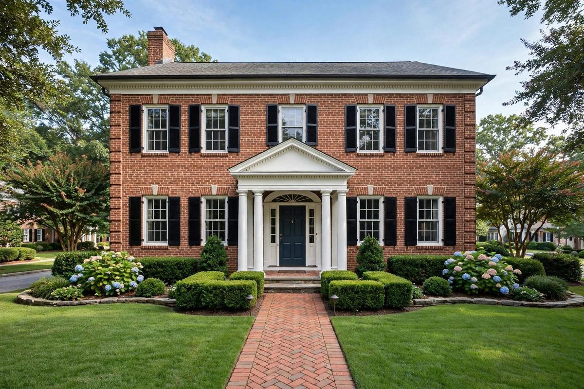 A two-story brick colonial home in Cotswold, Charlotte, with a columned portico entry and symmetrical landscaping.