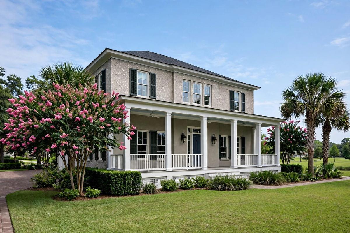 A Lowcountry home in Mount Pleasant with a wide columned front porch, tabby stucco facade and manicured lawn.