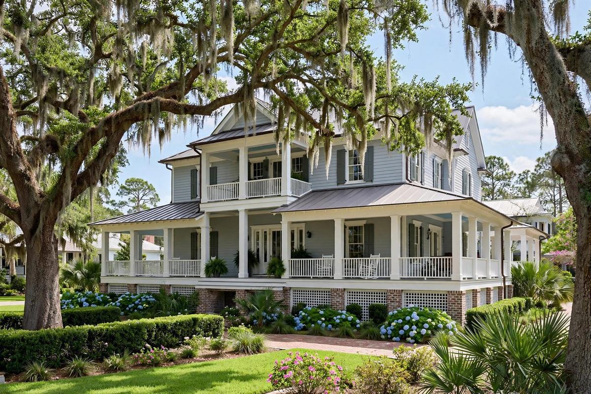 A Lowcountry colonial home on Daniel Island with a double front porch, brick foundation and live oaks.