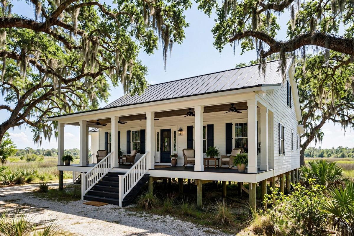 A plantation-style home in Okatie with tall white columns across a deep porch, brick facade and ancient live oaks.