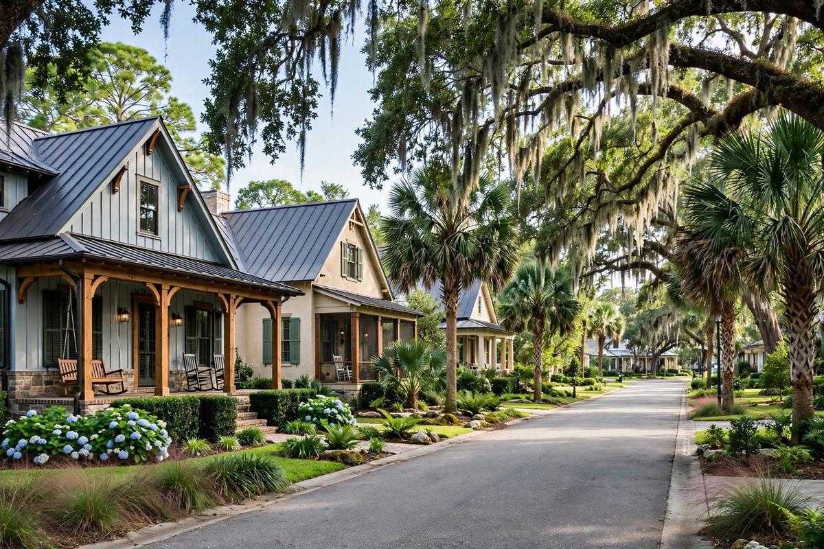 An upscale street in Bluffton, South Carolina, with Lowcountry craftsman homes, metal roofs and front porches under moss-draped oaks.