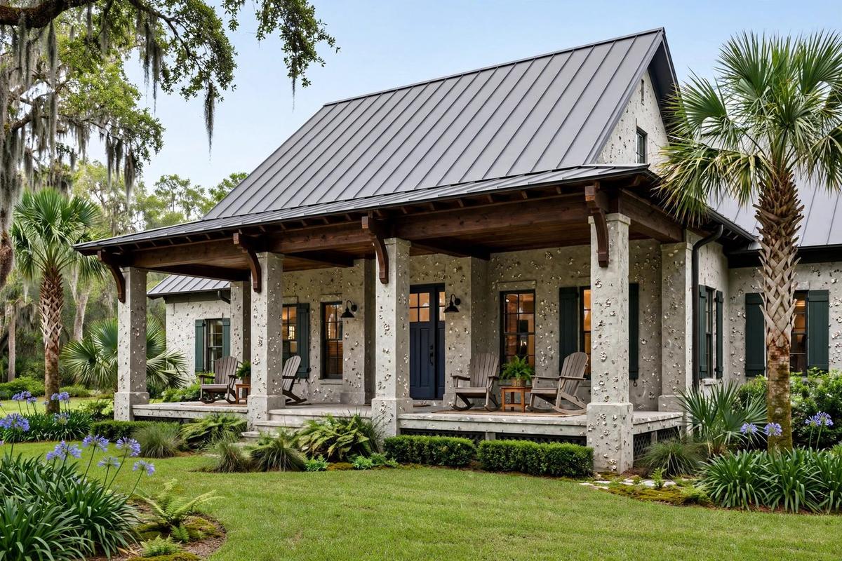 A Lowcountry craftsman home in Bluffton with a standing seam metal roof, wide covered porch and tabby stucco walls.