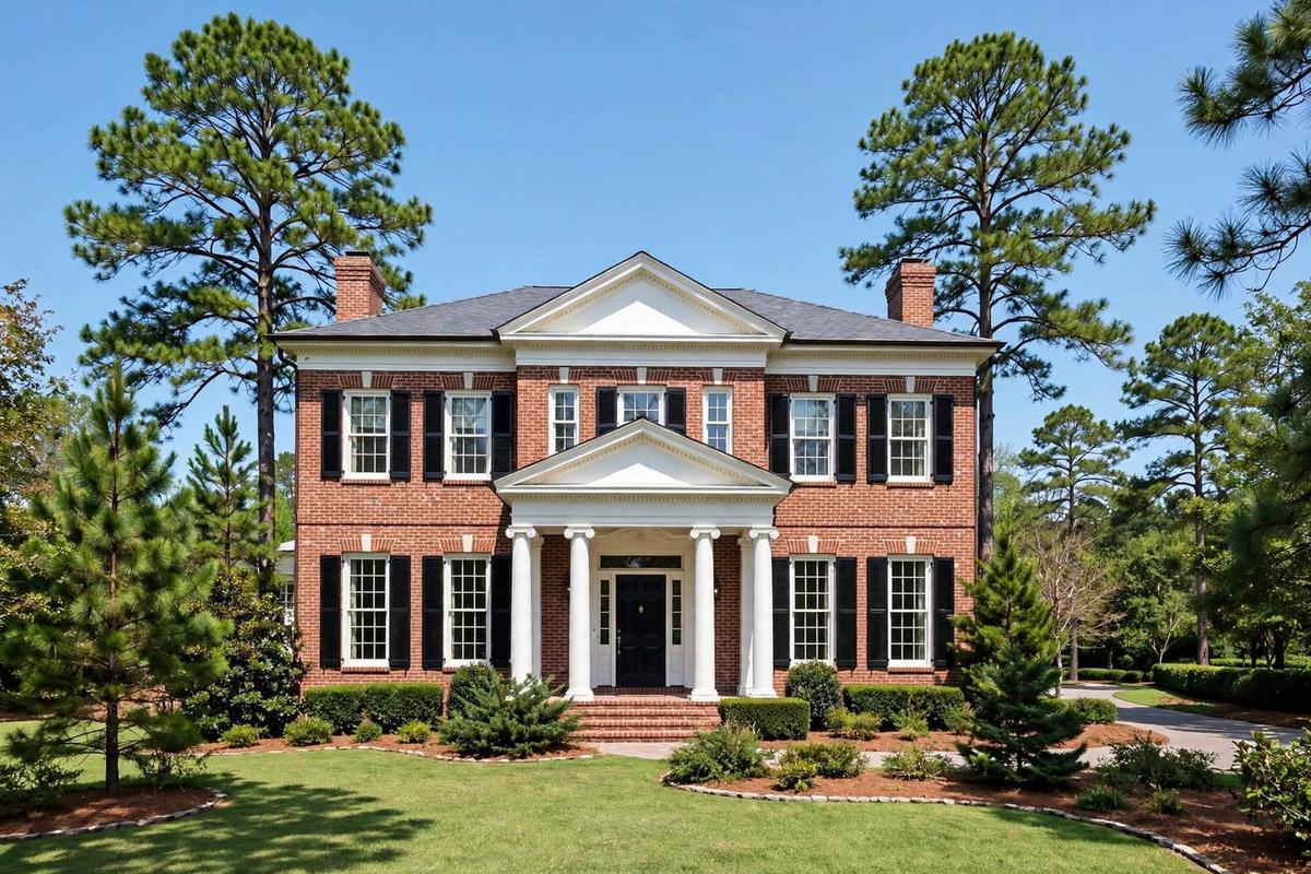A brick traditional estate home in Milton with a symmetrical facade, dormer windows and circular motor court.
