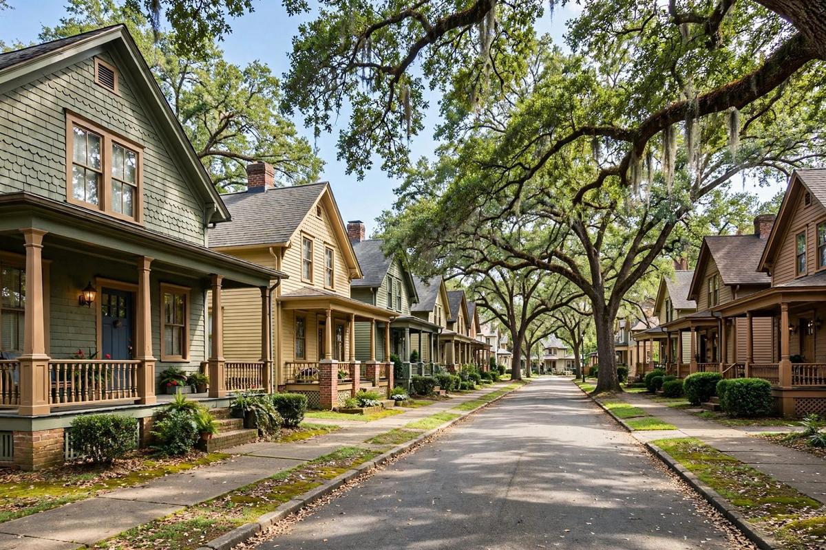 An intown Atlanta street in Virginia-Highland and Morningside with craftsman bungalows under a dense oak canopy.