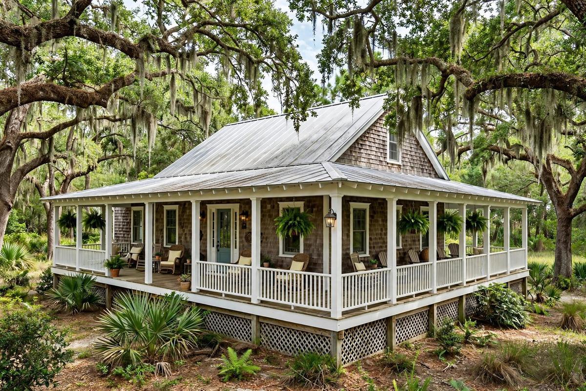 The front exterior of a Lowcountry cottage on St. Simons Island, Georgia, with shingle siding, a deep porch, and Spanish moss in the oaks.