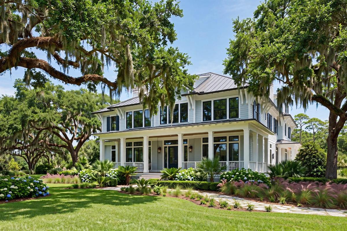 Exterior of an upscale Southern coastal home in Santa Rosa Beach, Florida, with large windows and mature oak trees.