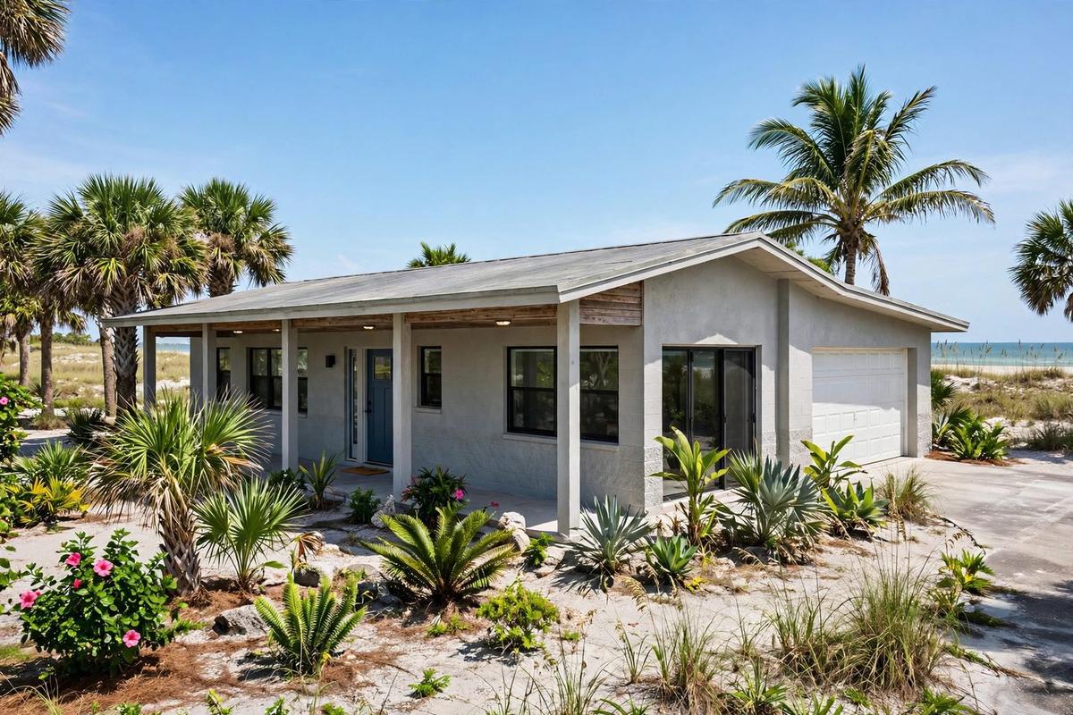The front exterior of a coastal home in Inlet Beach, Florida, with white siding, a metal roof, and palm trees.