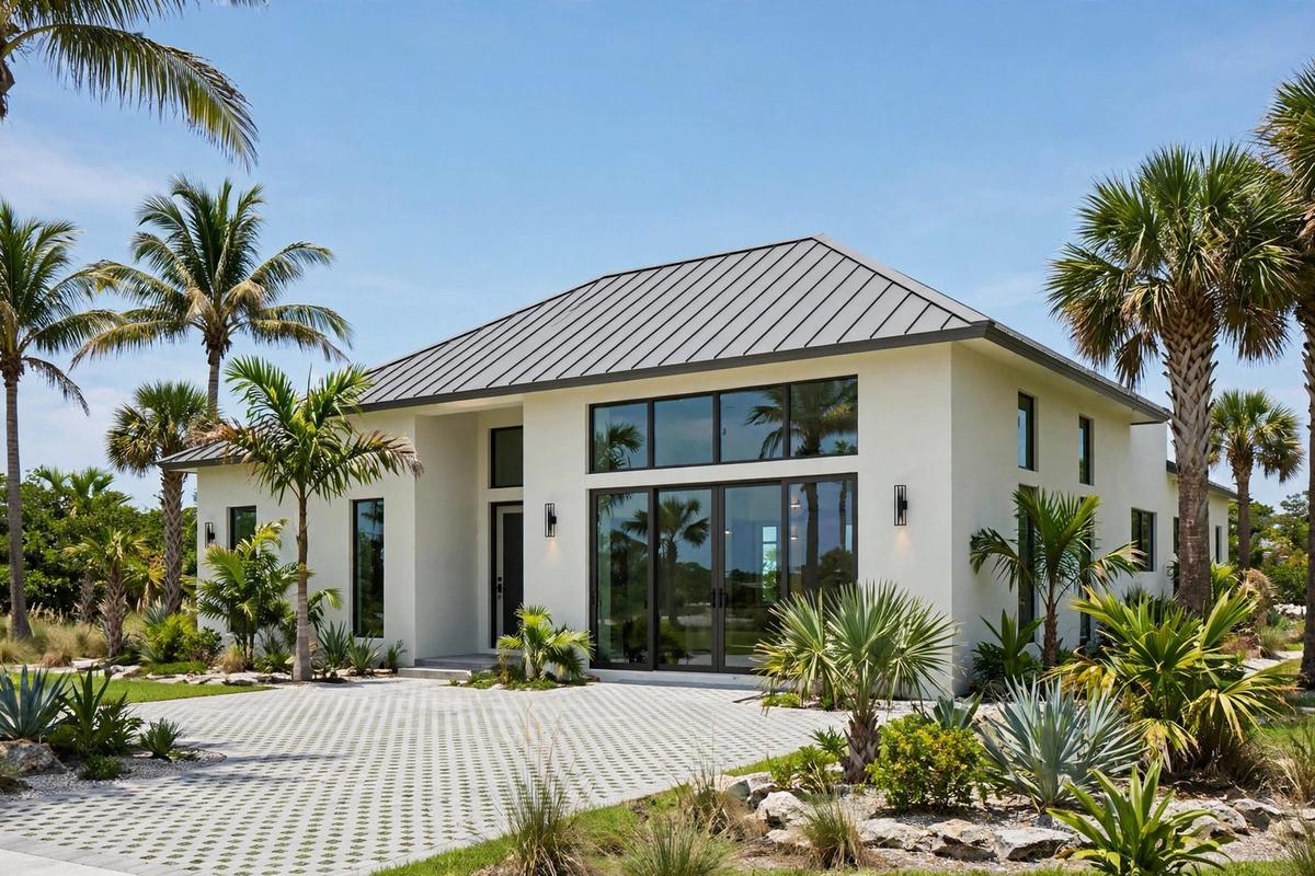 The front exterior of a beach home in Destin, Florida, with light siding, a gabled roof, and palm trees.
