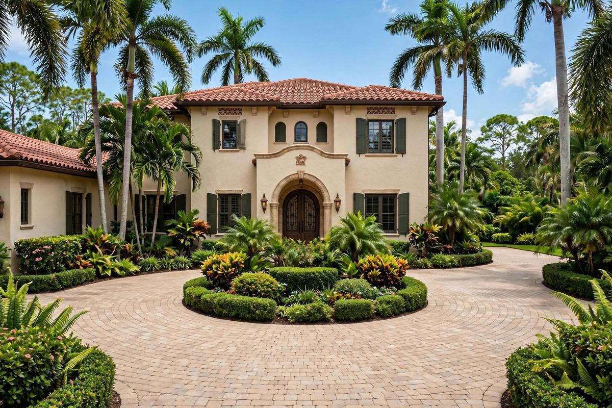 The front exterior of a Mediterranean home in Vero Beach, Florida, with a stucco facade, arched windows, and palm trees.