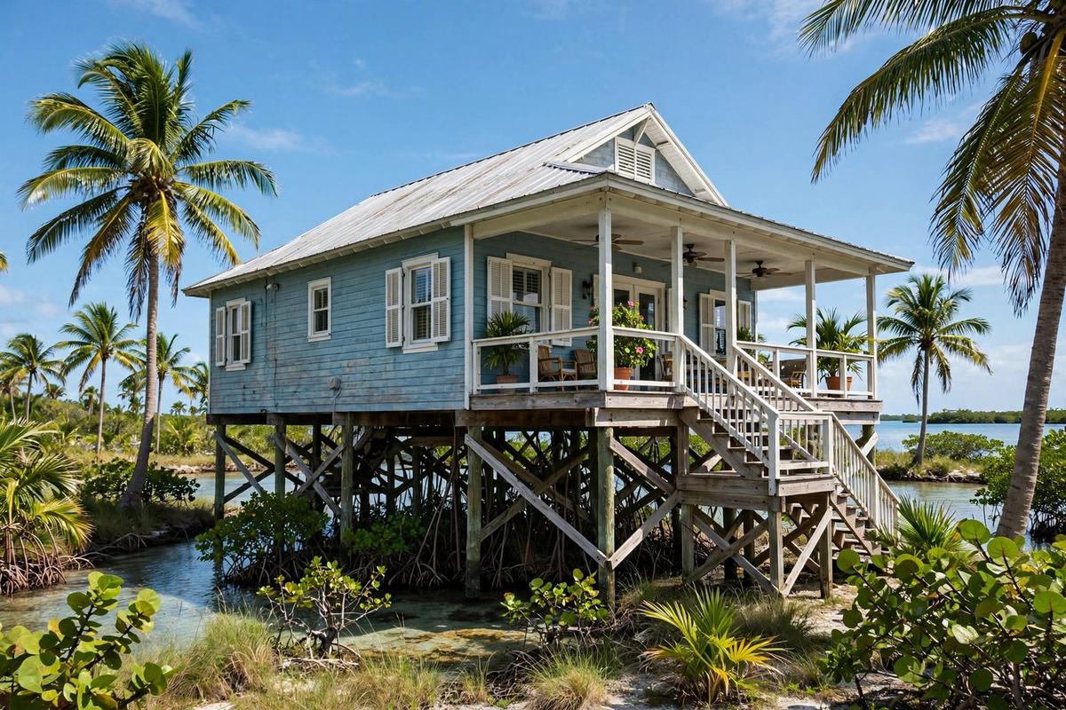 The front exterior of a Keys bungalow in Marathon, Florida, with raised elevation, a wraparound deck, and a tropical lawn.