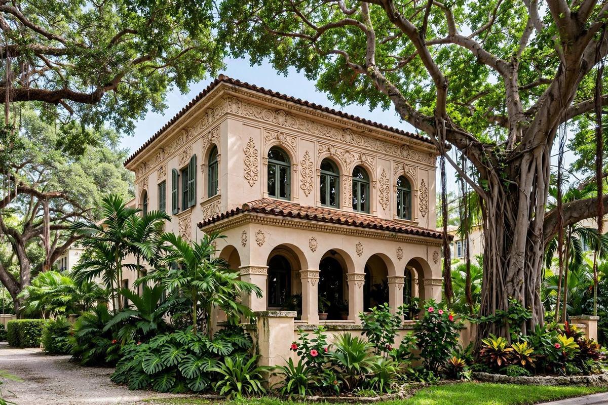 The front exterior of a historic Mediterranean home in Morningside, Miami, with a stucco facade, tile roof, and palm trees.