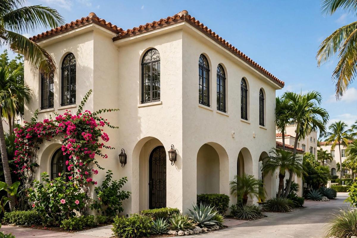 The front exterior of a historic home in Flamingo Lummus, South Beach, with a stucco facade, deco details, and palm trees.