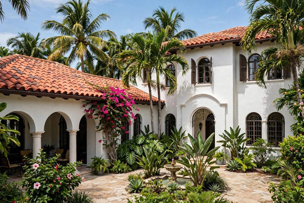 The front exterior of a Mediterranean revival home in the University area of Coral Gables with a stucco facade, barrel tile roof, and wrought iron details.
