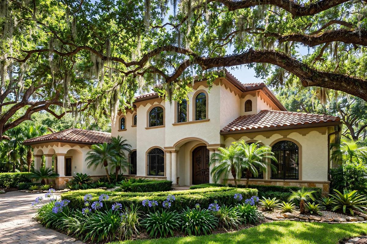Exterior of an upscale stucco Mediterranean home in Pinecrest, Florida, with a mature oak canopy and manicured garden.