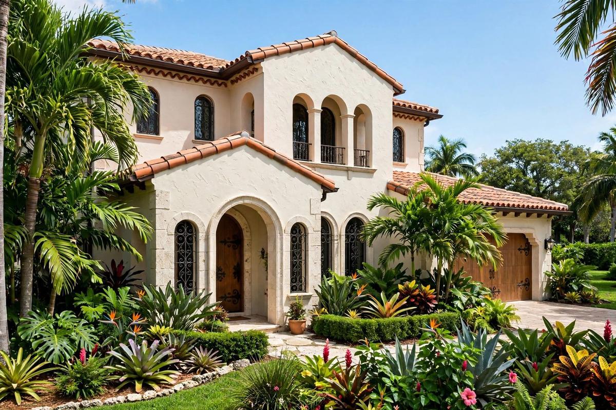 A photorealistic exterior of an upscale Spanish revival Mediterranean home in Biscayne Park, Miami, Florida with a manicured lawn on a clear day.