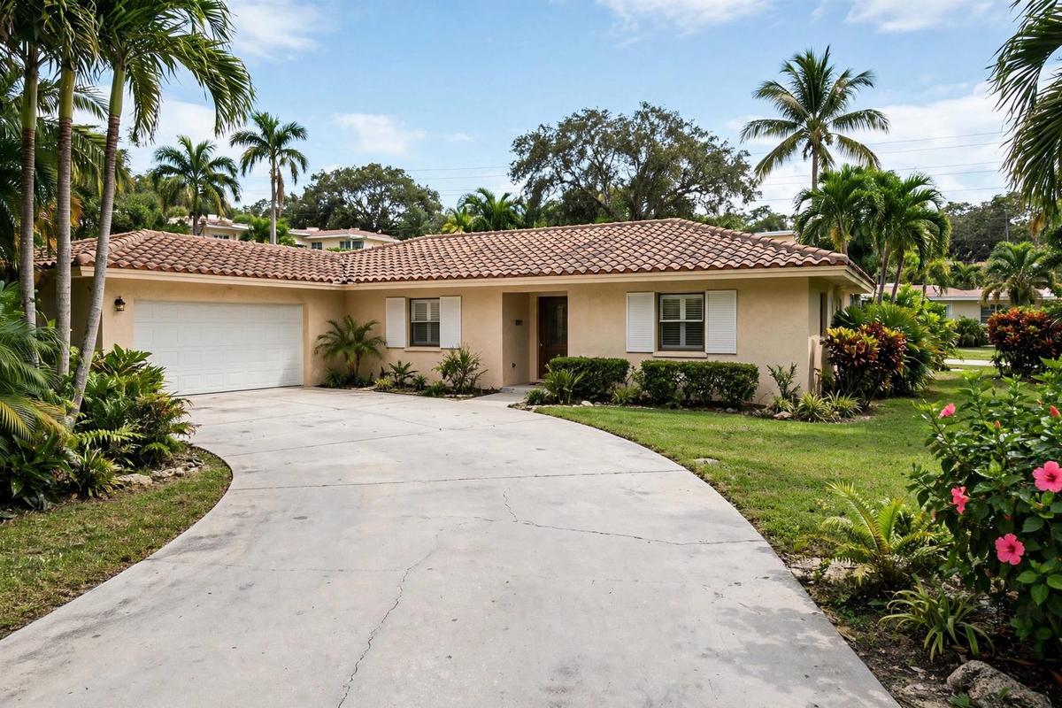 A photorealistic exterior of an upscale ranch home in Kendall, Pinecrest West, Miami, Florida with a manicured lawn on a clear day.