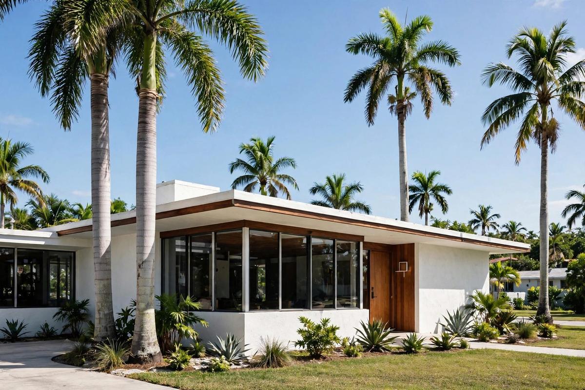 A photorealistic exterior of an upscale mid-century modern home in North Miami, Florida with a manicured lawn on a clear day.