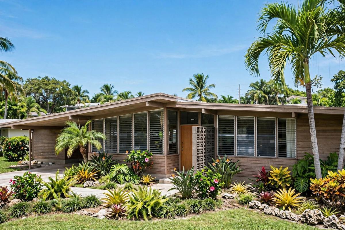 A photorealistic exterior of an upscale coastal ranch home in Victoria Park, Central Beach, Fort Lauderdale, Florida with a manicured lawn on a clear day.