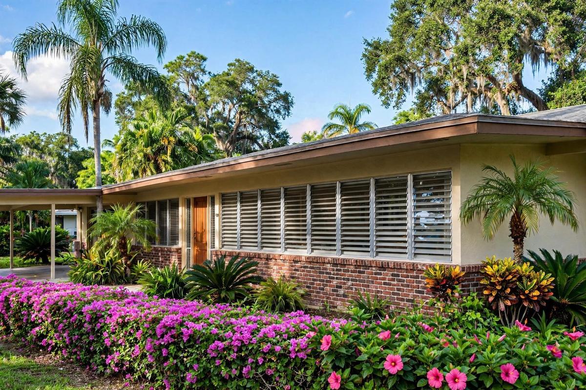 A photorealistic exterior of an upscale Florida bungalow home in Wilton Manors, Coral Ridge South, Fort Lauderdale, Florida with a manicured lawn on a clear day.