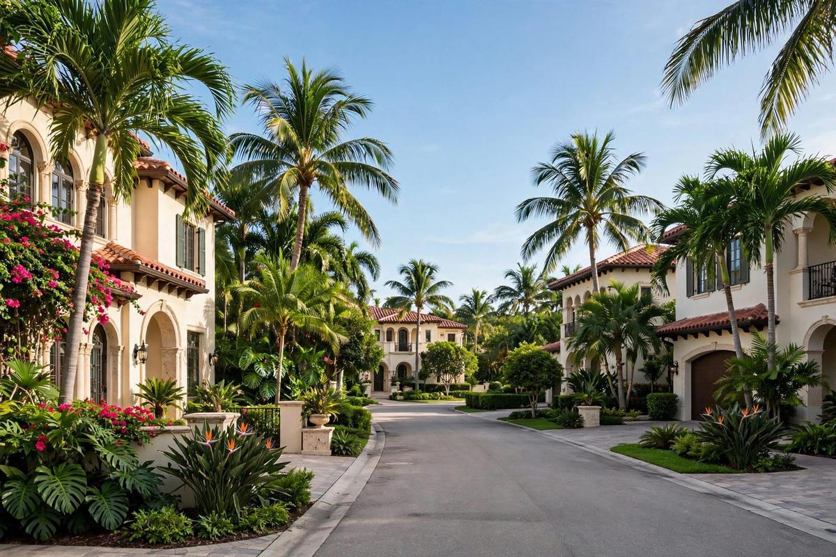 Upscale neighborhood street in West Palm Beach, Florida, with Mediterranean homes and lush tropical landscaping.