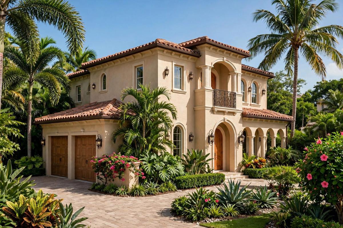 Exterior of an upscale Mediterranean home in West Palm Beach, Florida, with lush tropical landscaping.
