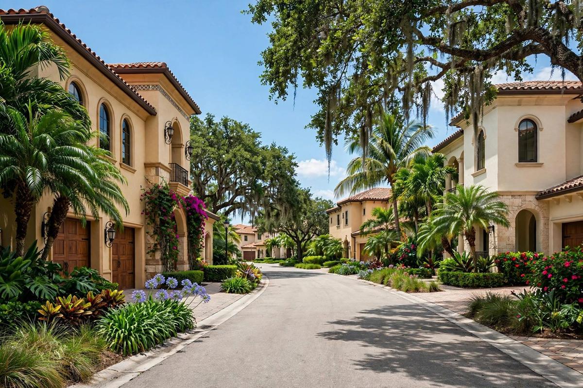 A photorealistic view of an upscale residential street in Downtown Boca, Boca Raton Riviera, Boca Raton, Florida, lined with Mediterranean homes and mature landscaping on a clear day.