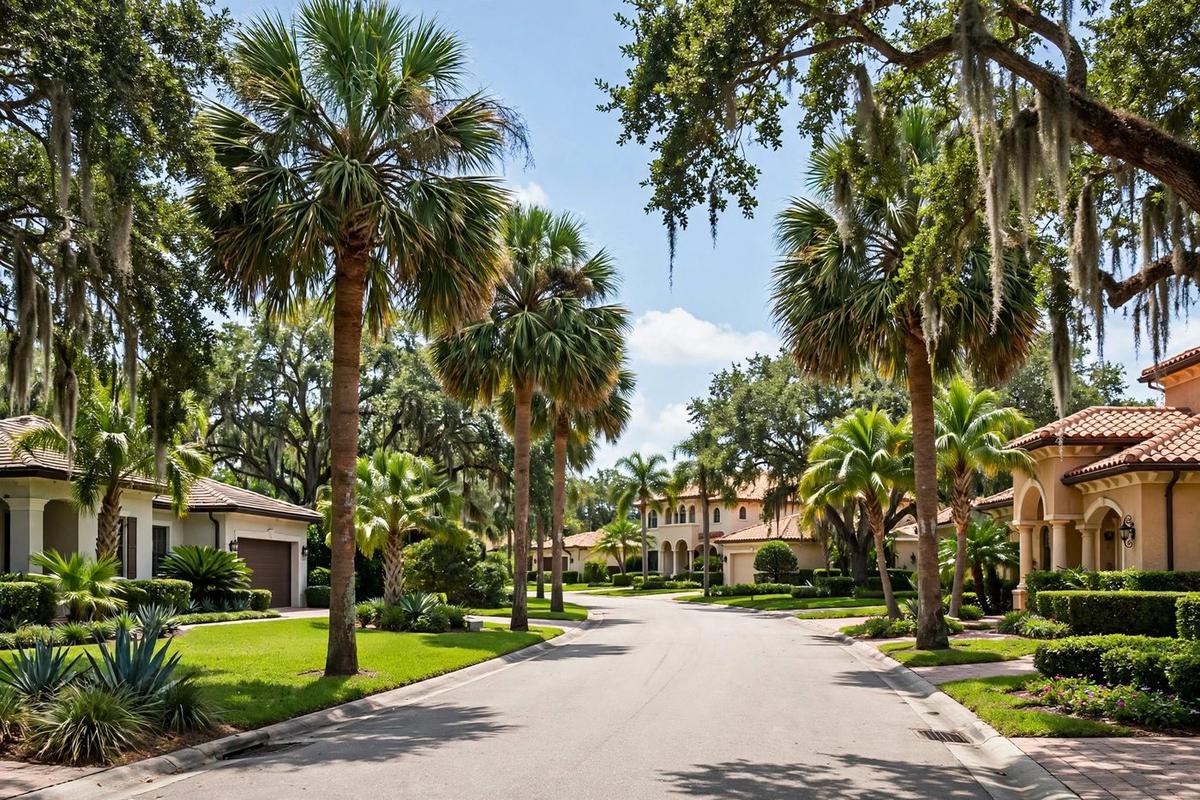Street scene in Palma Ceia, Tampa, with mature tree canopy along an established residential street