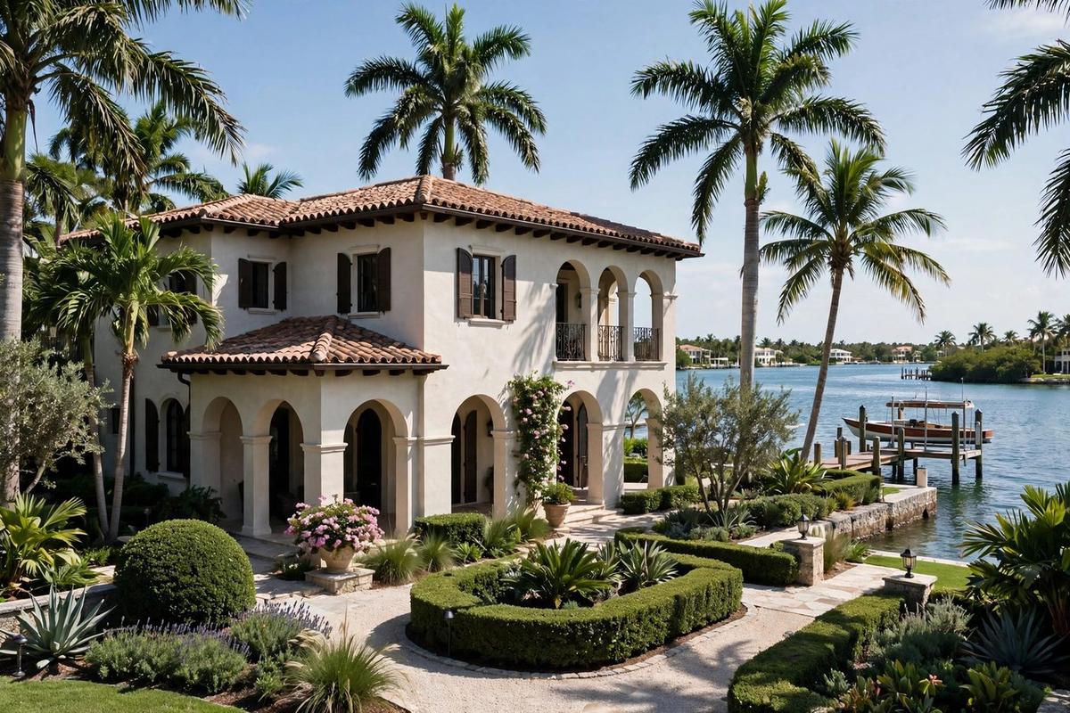Luxury Mediterranean waterfront estate in Old Naples, Florida, with a stucco villa, clay tile roof, arched loggia, and tall palm trees