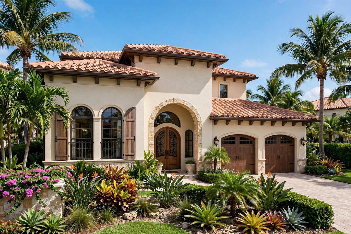 A photorealistic exterior of an upscale Mediterranean home in Park Shore, Moorings, Naples, Florida with a manicured lawn on a clear day.