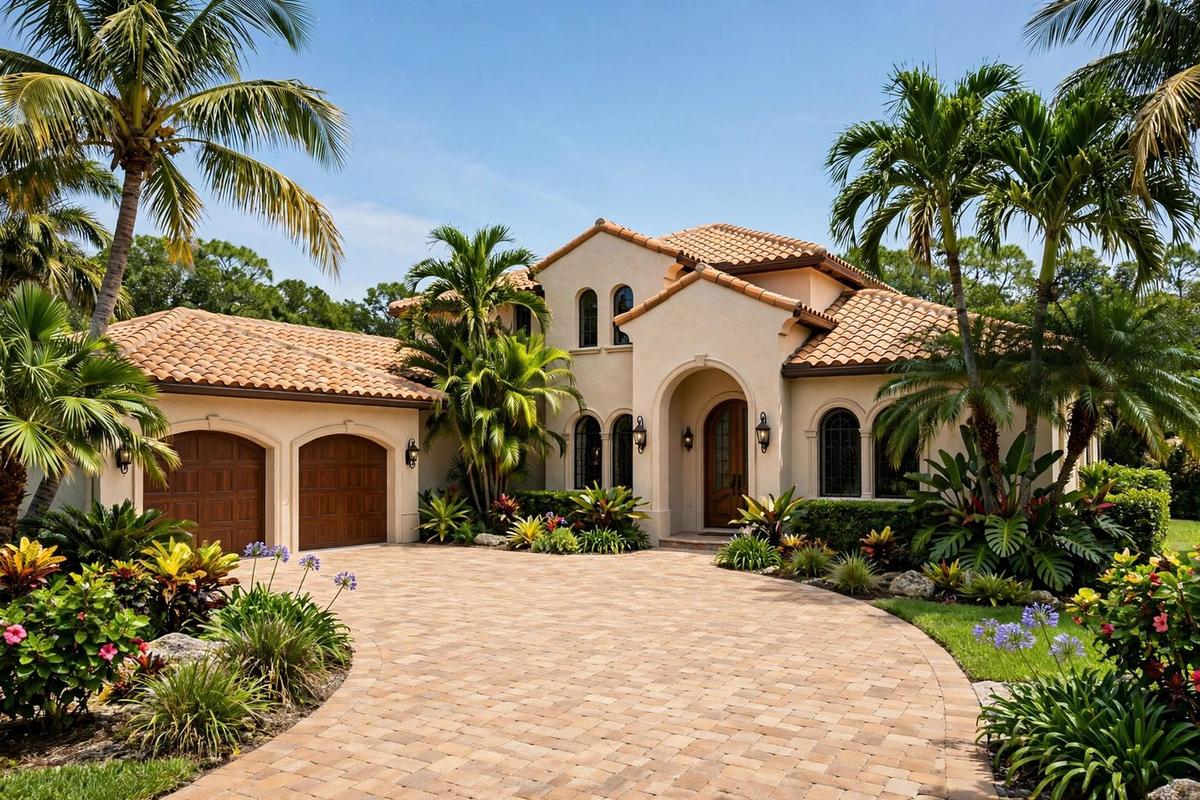 Exterior of an upscale Mediterranean estate home in the Vineyards community, Naples, Florida, with a stone facade, loggia, and tropical planting.