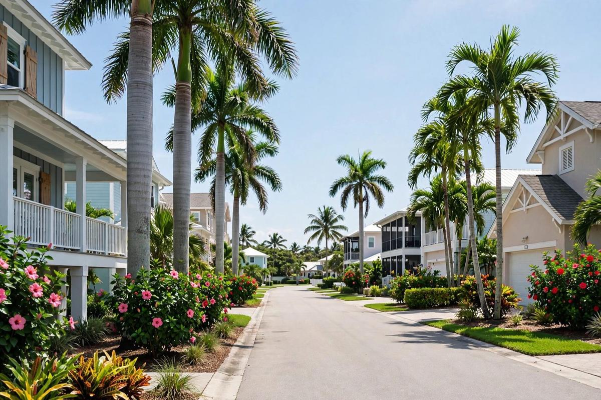 Quiet residential street on Marco Island, Florida, with coastal style homes, royal palms, and flowering hibiscus.