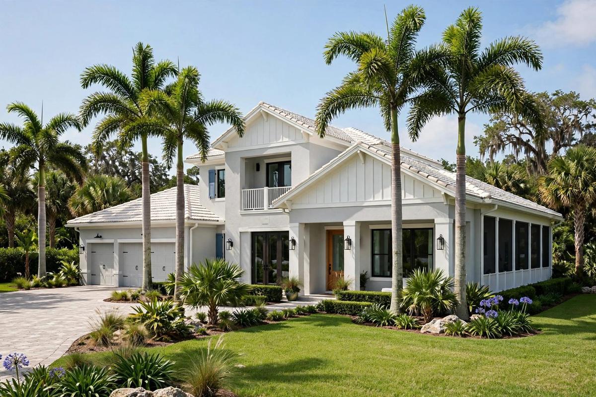 Exterior of an upscale coastal style home on Marco Island, Florida, with royal palms and a manicured lawn.