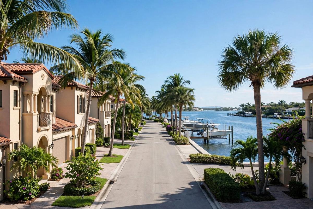 Upscale residential street in Sarasota, Florida with Mediterranean waterfront homes and mature landscaping under a clear daytime sky.
