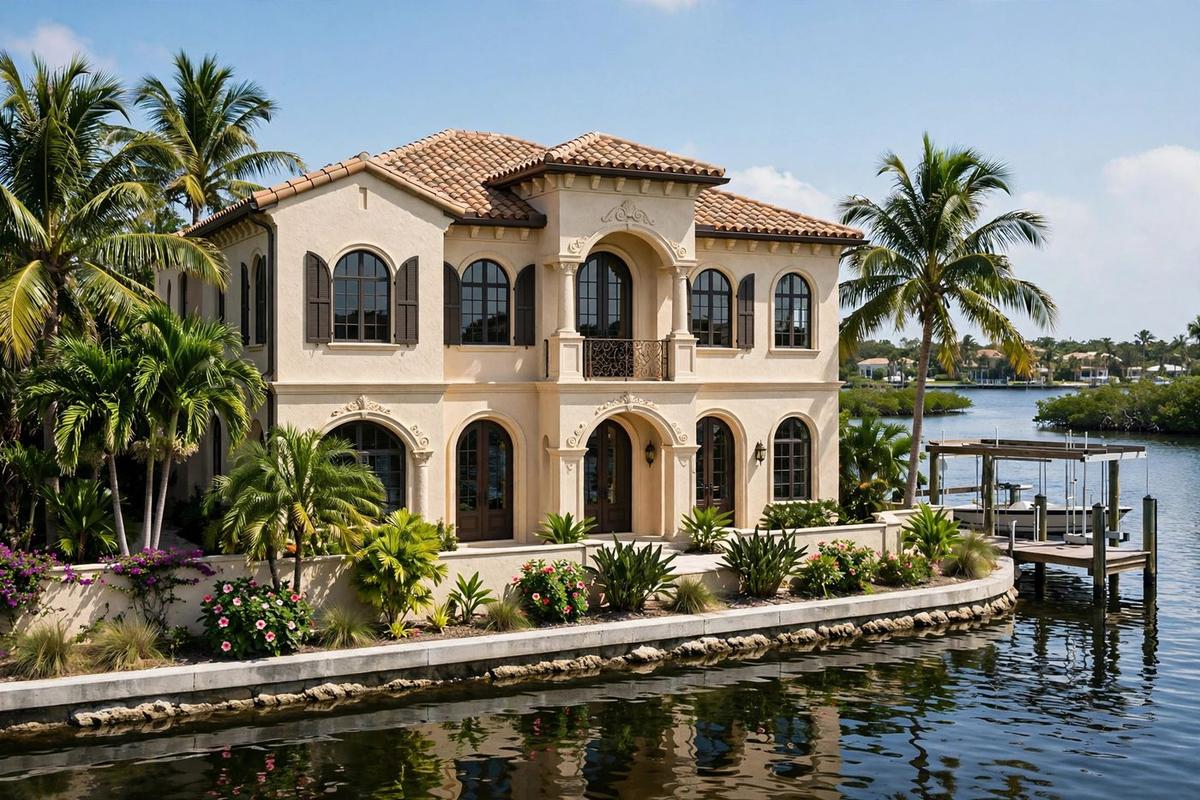 Exterior of an upscale Mediterranean waterfront home in Sarasota, Florida with a manicured lawn on a clear day.