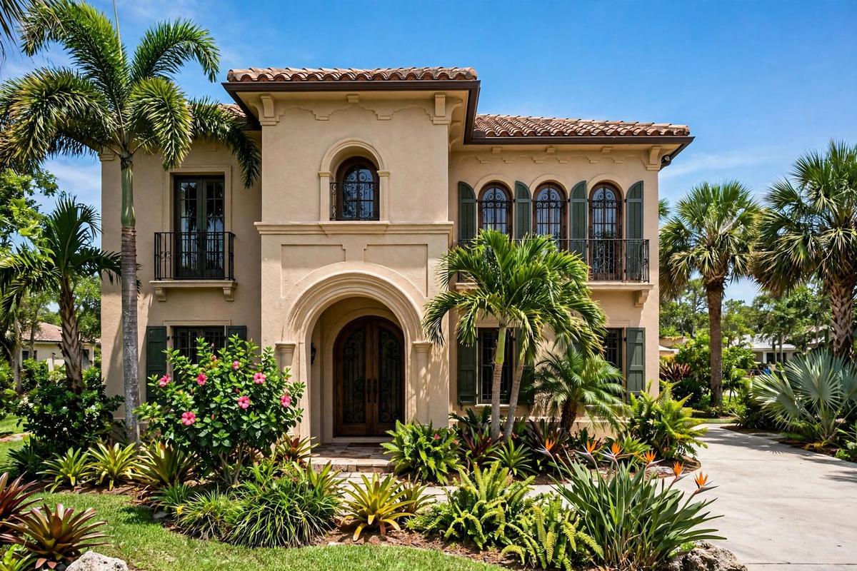 Exterior of an upscale Mediterranean home in Sarasota, Florida with a manicured lawn on a clear day.