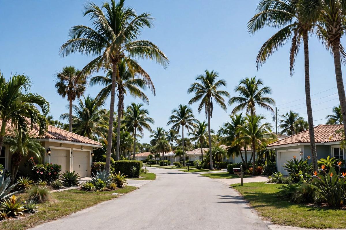Upscale residential street in Siesta Key, Florida with coastal contemporary homes and mature landscaping under a clear daytime sky.
